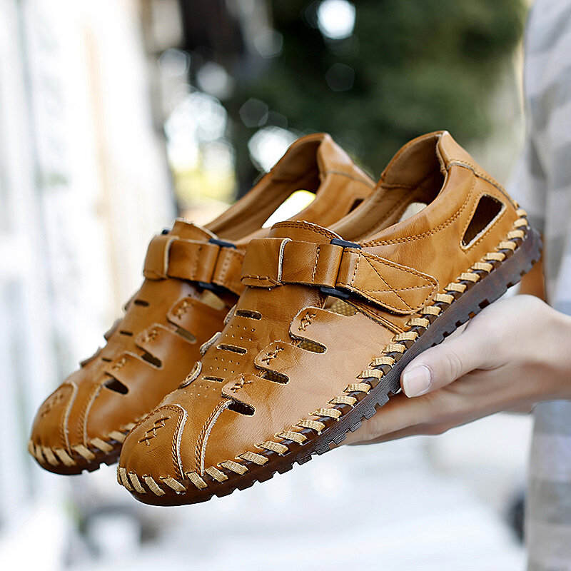 
	Men Hand Stitching Leather Non Slip Hook Loop Casual Sandals