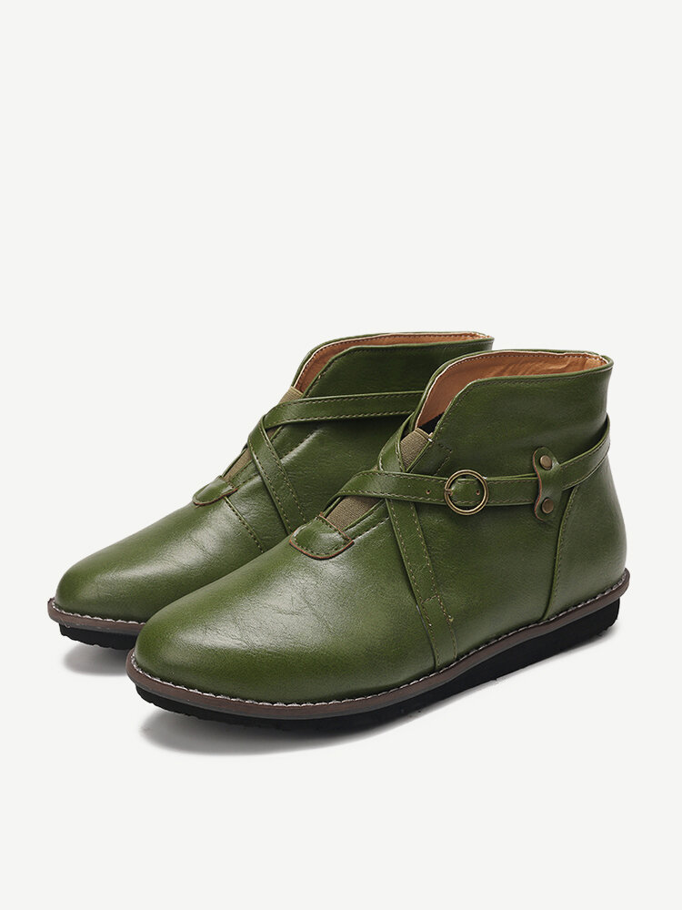 
	Large Size Women Comfy Leather Stitching Buckle Flat Ankle Boots