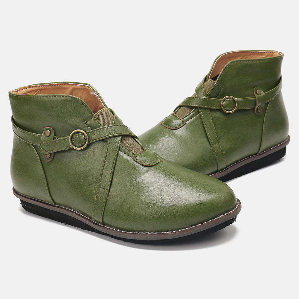 
	Large Size Women Comfy Leather Stitching Buckle Flat Ankle Boots