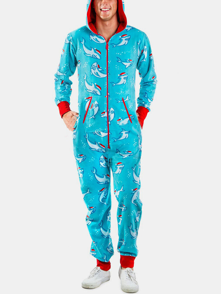 
	Shark Print Beam Footed Cozy Patchwork Cuffs Hooded Zipper Jumpsuits For Men