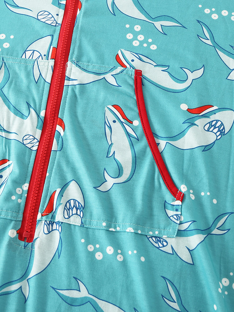 
	Shark Print Beam Footed Cozy Patchwork Cuffs Hooded Zipper Jumpsuits For Men