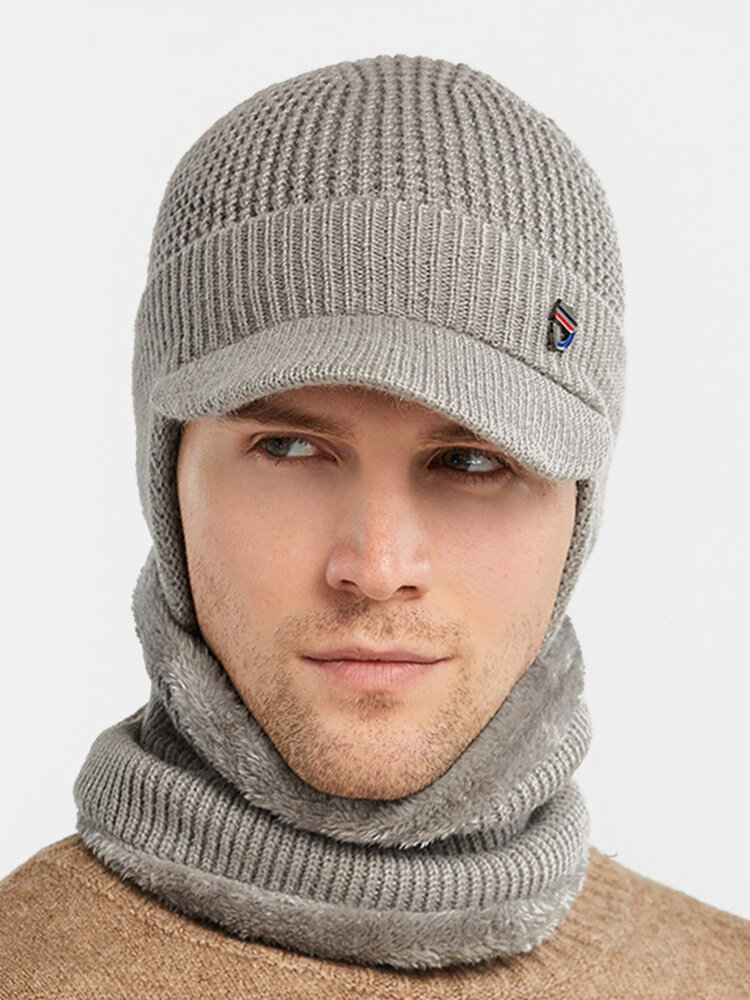 
	Men 2PCS Plus Velvet Thick Winter Outdoor Ear Neck Protection Headgear Scarf Knitted Hat Beanie