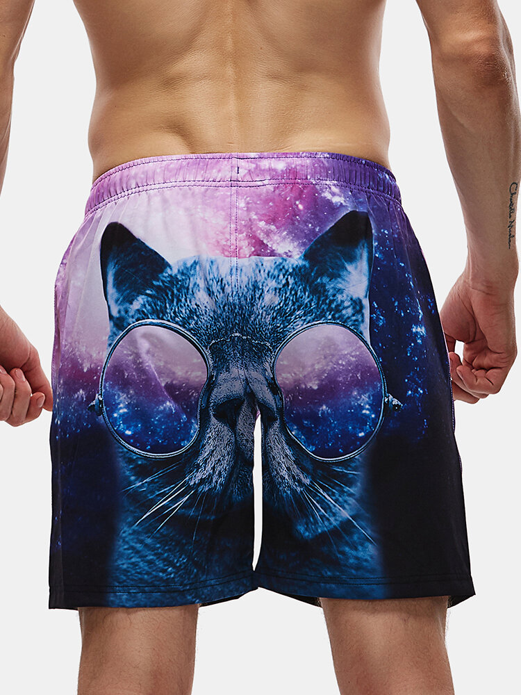 
	Plus Size Lightweight Starry Cat Printed Pocket Surfing Quick-Drying Board Shorts