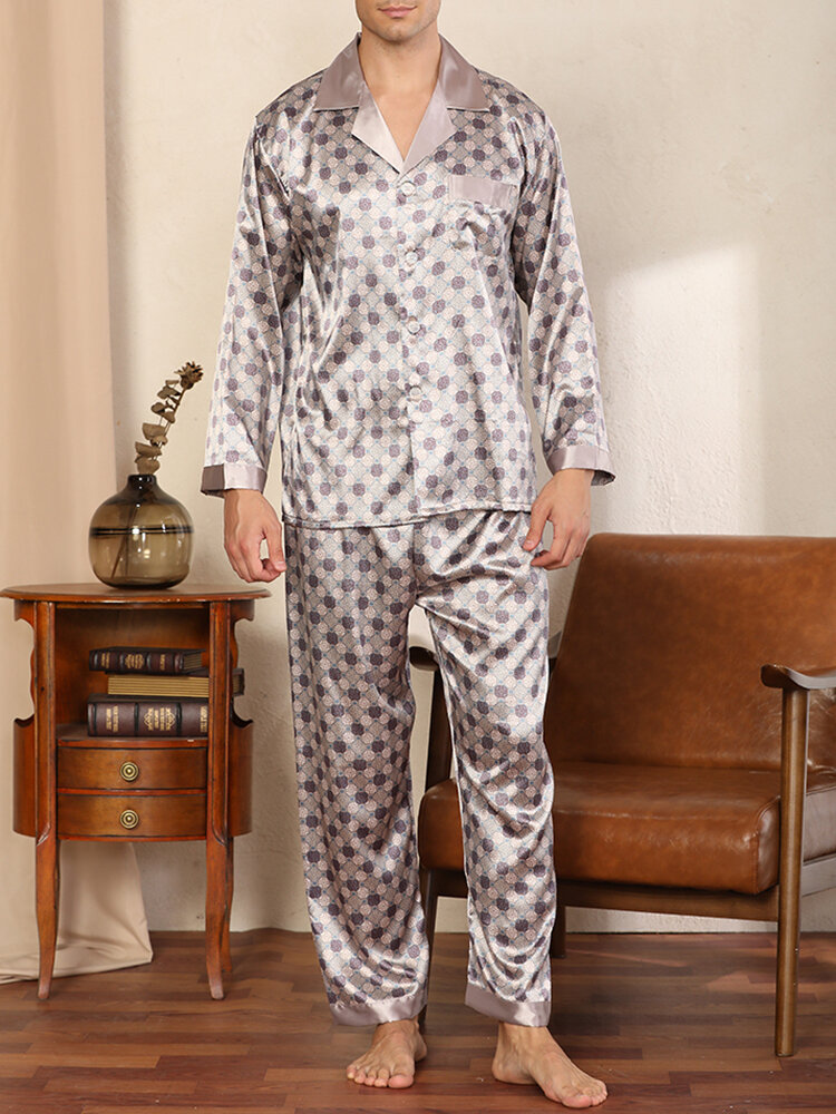 
	Geometric Faux Silk Home Loungewear Sets Two Pieces Long Sleeve Shirt Outfits For Men