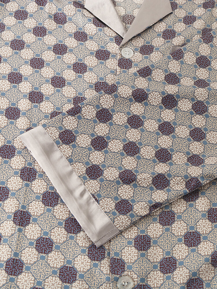 
	Geometric Faux Silk Home Loungewear Sets Two Pieces Long Sleeve Shirt Outfits For Men