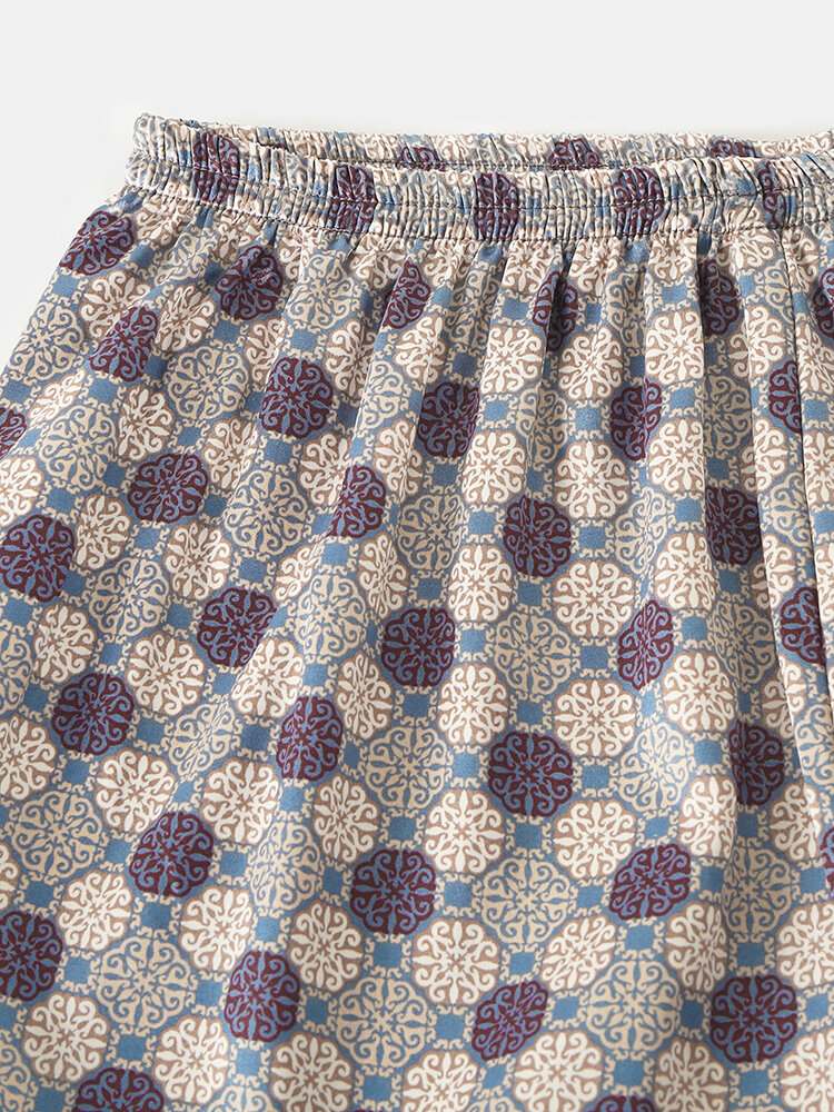 
	Geometric Faux Silk Home Loungewear Sets Two Pieces Long Sleeve Shirt Outfits For Men