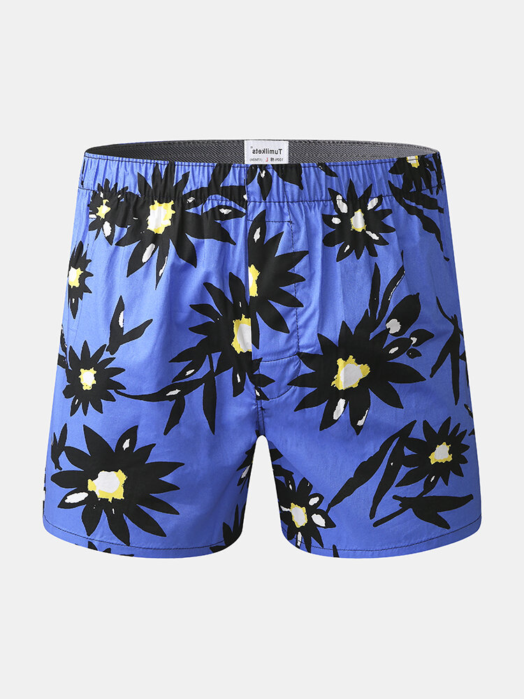 
	Mens 100% Cotton Floral Print Cozy Mid Waist Lounge Shorts Pajama Bottoms