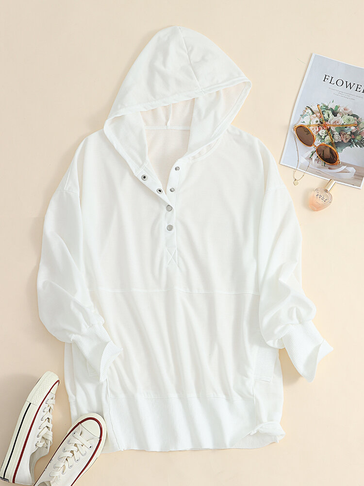 
	Solid Color Long Sleeve Button Loose Pocket Women Hoodie