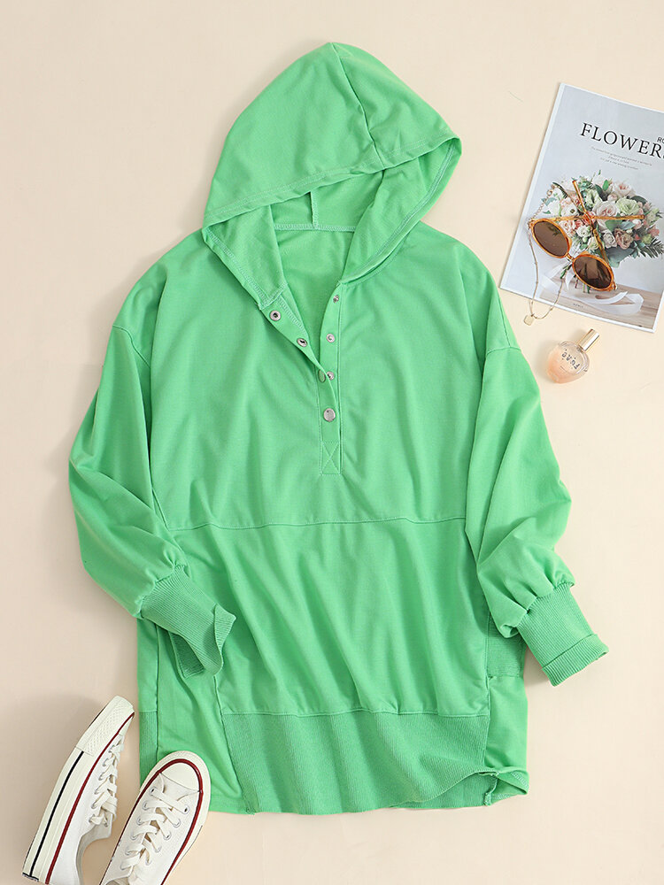 
	Solid Color Long Sleeve Button Loose Pocket Women Hoodie