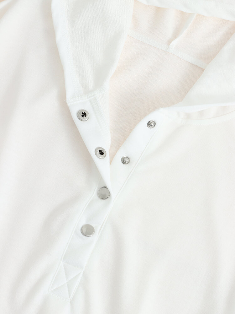 
	Solid Color Long Sleeve Button Loose Pocket Women Hoodie