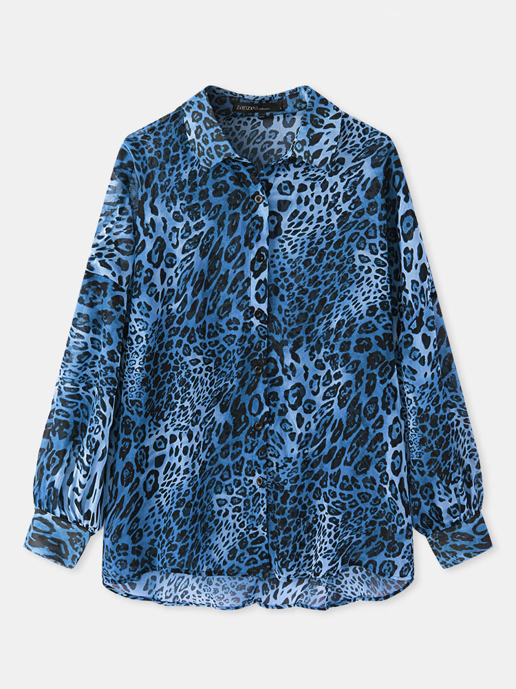 
	Leopard Print Lapel Long Sleeve Button Loose Blouse For Women