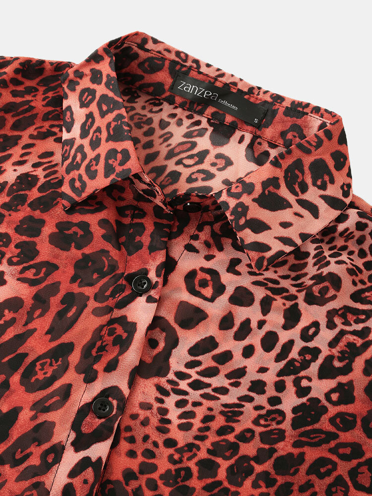 
	Leopard Print Lapel Long Sleeve Button Loose Blouse For Women