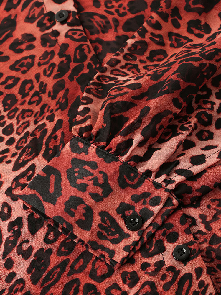 
	Leopard Print Lapel Long Sleeve Button Loose Blouse For Women
