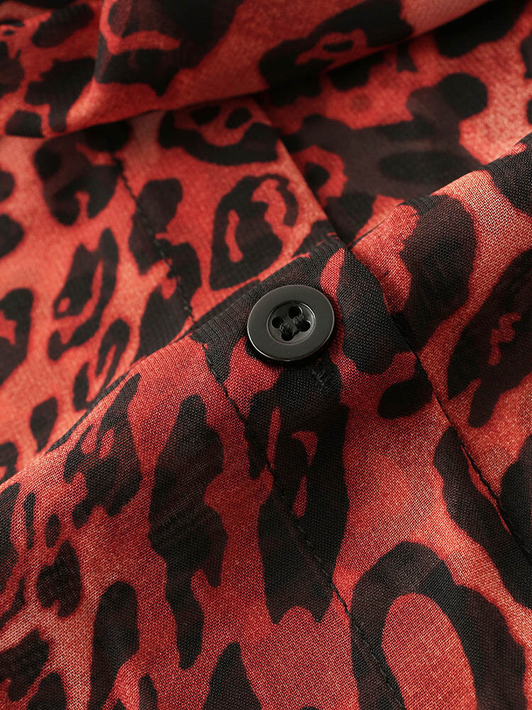 
	Leopard Print Lapel Long Sleeve Button Loose Blouse For Women
