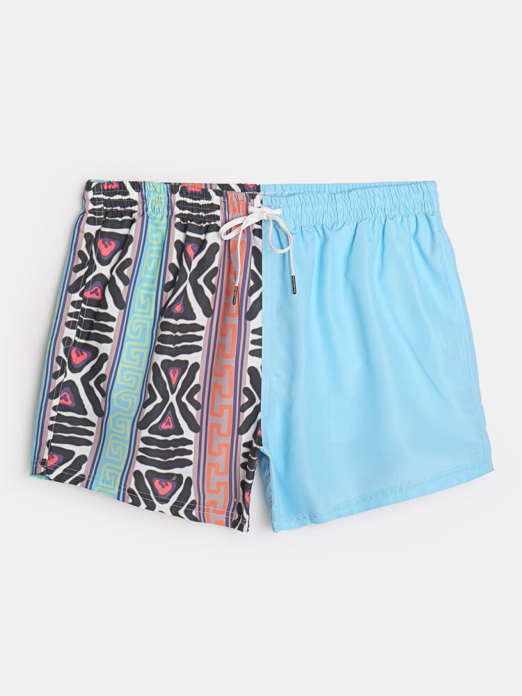 
	Mens Geo Print Patchwork Quick Dry Holiday Drawstring Swim Trunks