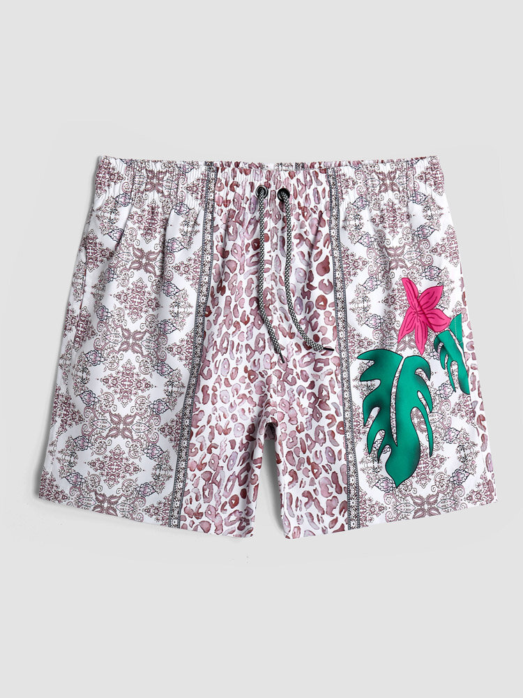 
	Men Scarf Print Patchwork Quick Dry Elastic Waist Board Shorts With Liner