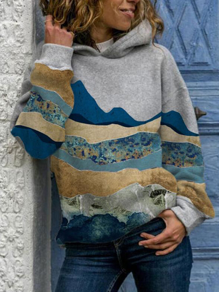
	Casual Landscape Print Hooded Long Sleeve Hoodie For Women