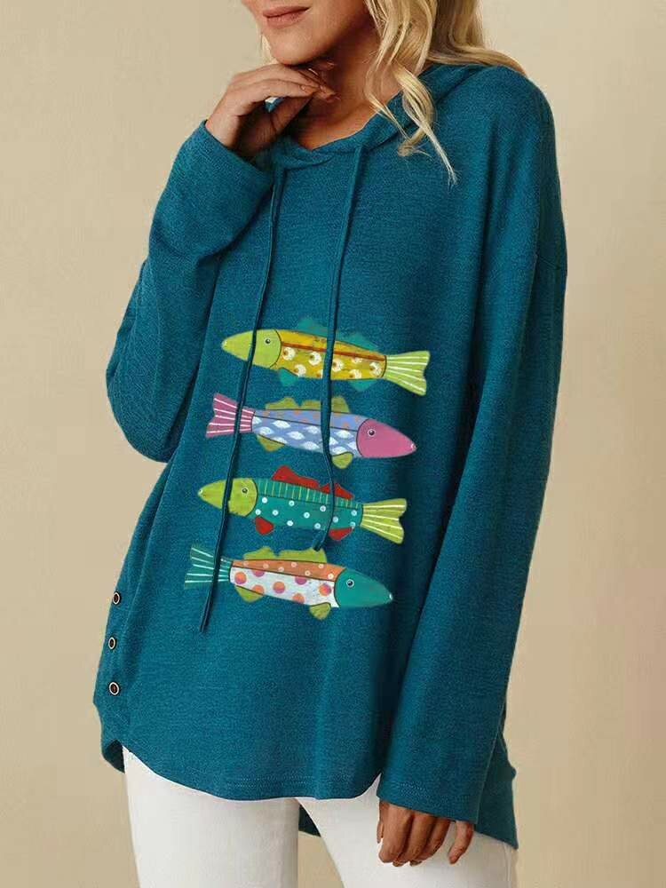 
	Cartoon Fish Print Long Sleeve Casual Hoodie For Women