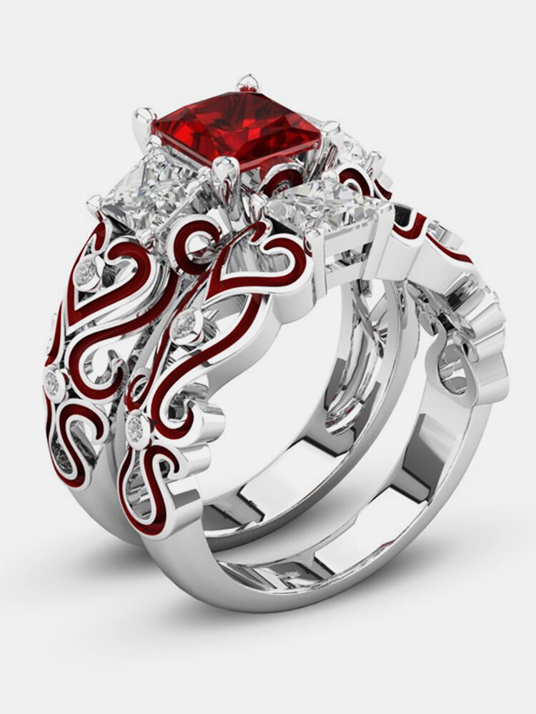
	2 Pcs Stackable Cocktail Rings Cubic Zirconia Rings Red Heart Wedding Engagement Rings for Women