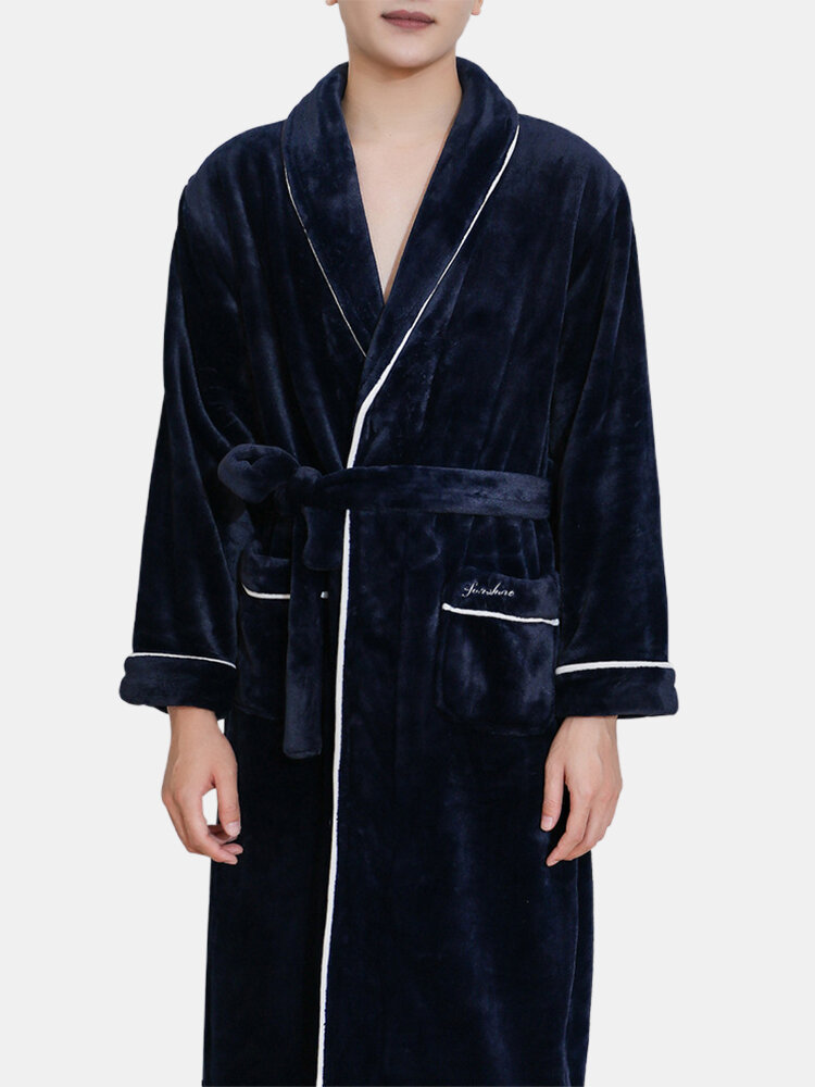 
	Men Flannel Warm Lapel Collar Pajamas Belted Lounge Robe