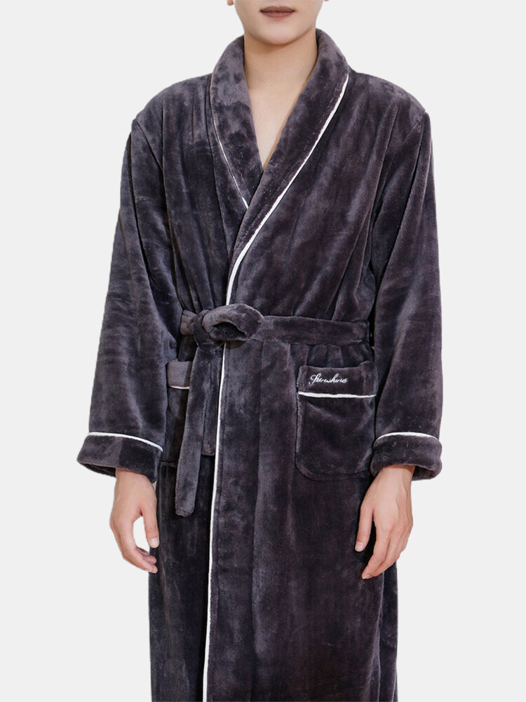 
	Men Flannel Warm Lapel Collar Pajamas Belted Lounge Robe