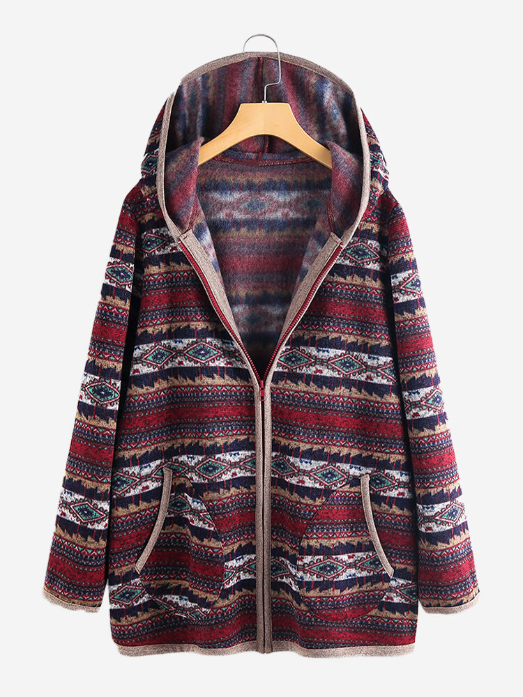 
	Ethnic Print Patchwork Long Sleeve Hooded Jacket For Women