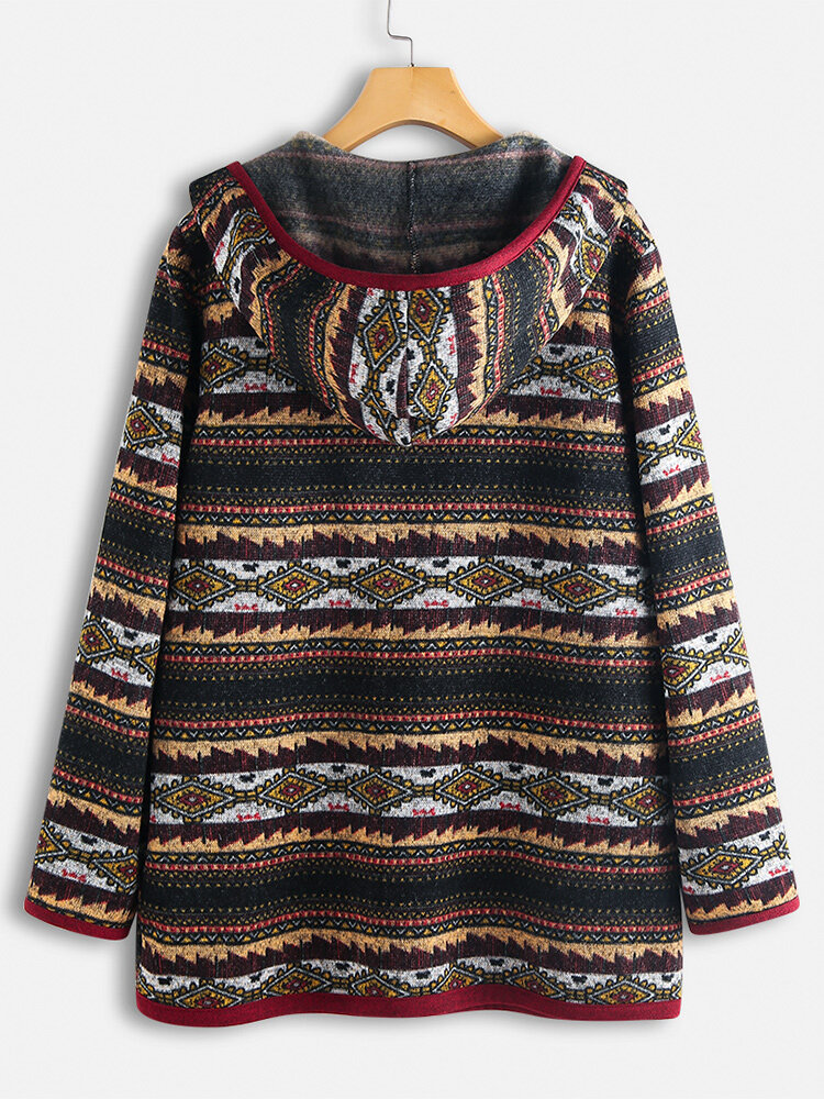 
	Ethnic Print Patchwork Long Sleeve Hooded Jacket For Women