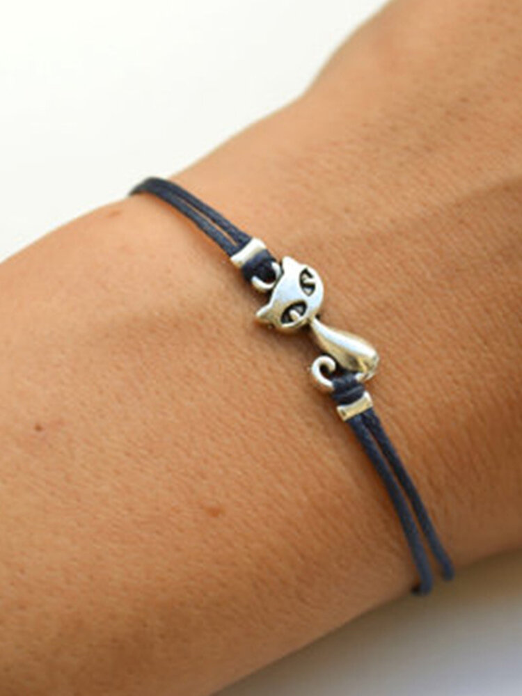 
	Trendy Geometric Animal Pendant Bracelet Alloy Cat Leather Bracelet Chic Jewelry