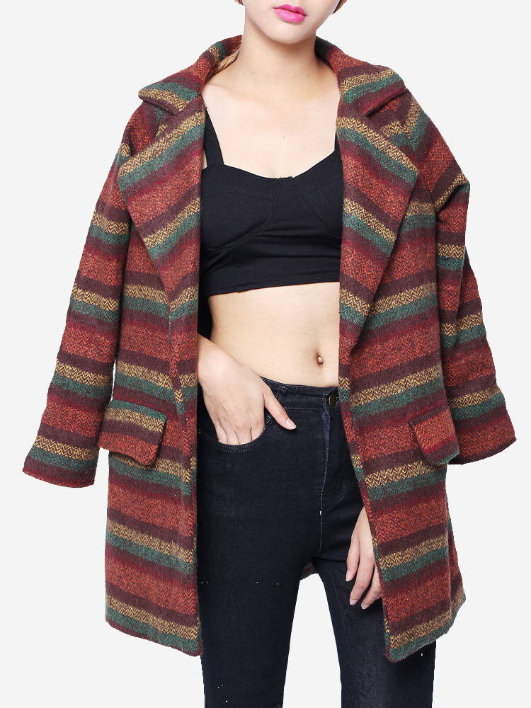 
	Loose Colorful Strip Long Sleeve Woolen Coat Cardigan