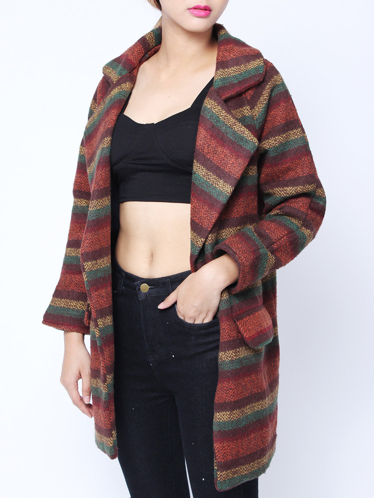 
	Loose Colorful Strip Long Sleeve Woolen Coat Cardigan