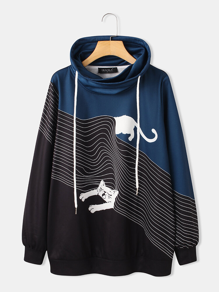 
	Contrast Color Cat Striped Print Drawstring Long Sleeve Casual Hoodie