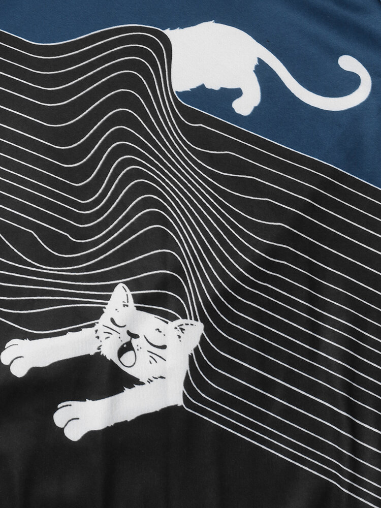 
	Contrast Color Cat Striped Print Drawstring Long Sleeve Casual Hoodie