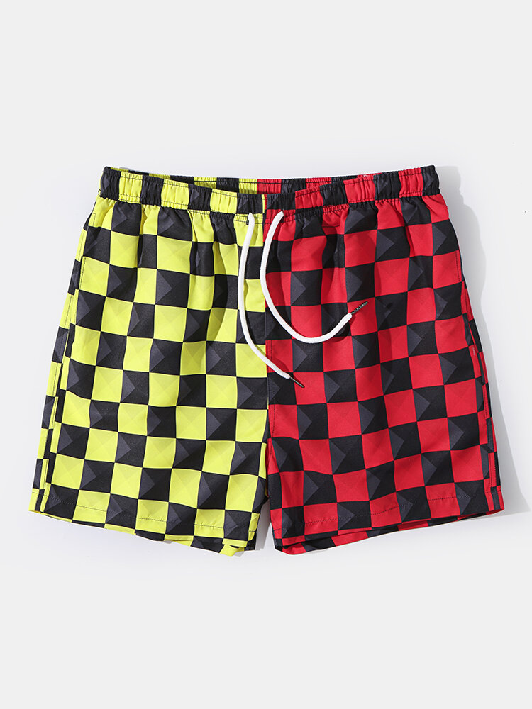 
	Mens Two Tone Checkered Patchwork Mesh Lined Breathable Drawstring Swim Trunks