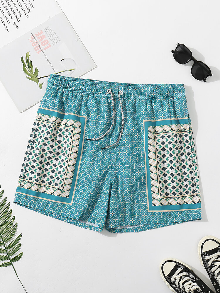 
	Men Elegant Print Patchwork Retro Style Lightweight Thin Drawstring Board Shorts