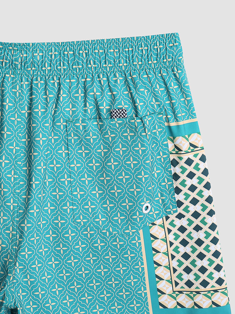 
	Men Elegant Print Patchwork Retro Style Lightweight Thin Drawstring Board Shorts