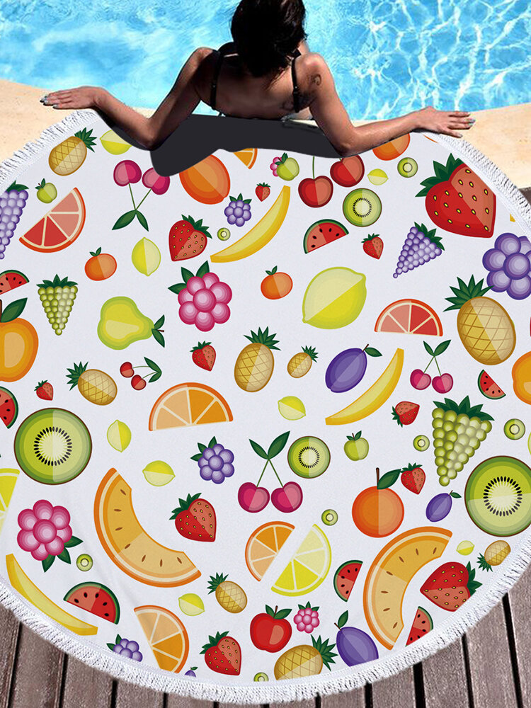 
	Fresh Fruits Round Beach Towel Blanket Hawaii Hawaiian Tropical Large Microfiber Terry Beach Roundie Palm Circle Picnic Carpet Yoga Mat with Fringe