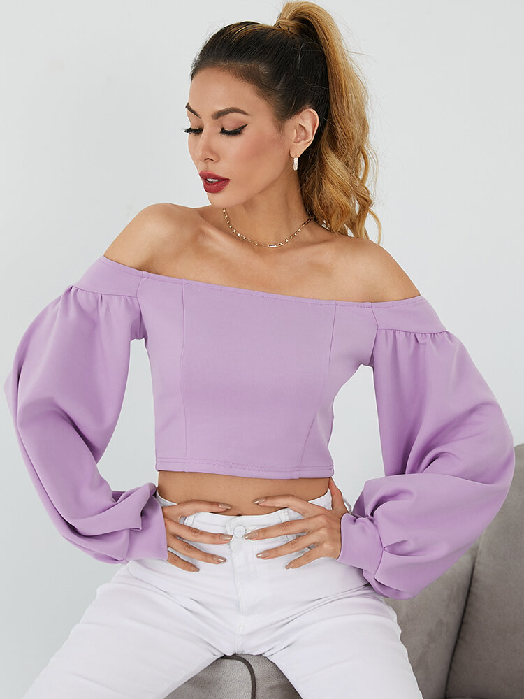
	Solid Lantern Long Sleeve Off The Shoulder Crop Top