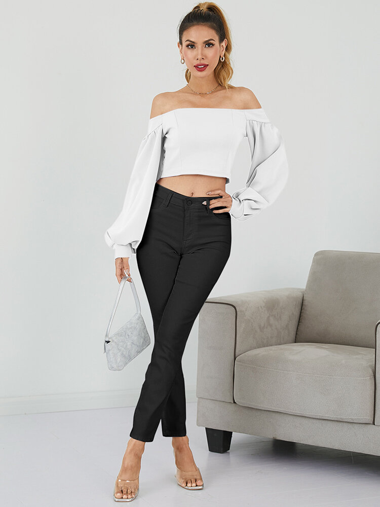 
	Solid Lantern Long Sleeve Off The Shoulder Crop Top