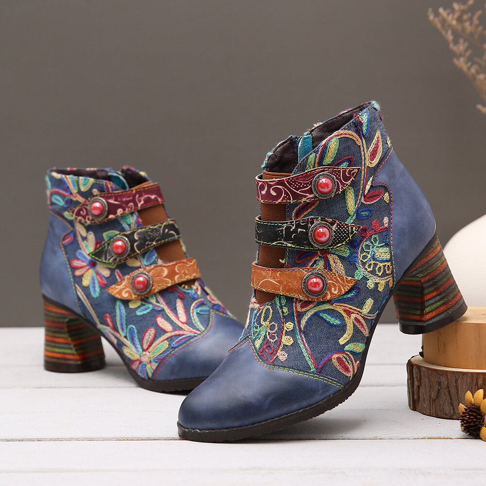 
	SOCOFY Flowers Embroidery Splicing Genuine Leather Wearable Sole Chunky Heel Ankle Boots