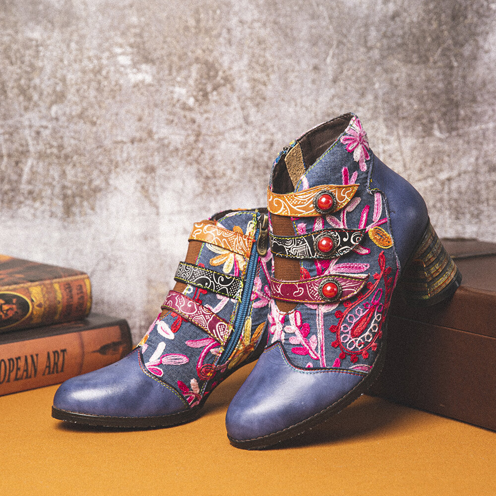 
	SOCOFY Flowers Embroidery Splicing Genuine Leather Wearable Sole Chunky Heel Ankle Boots