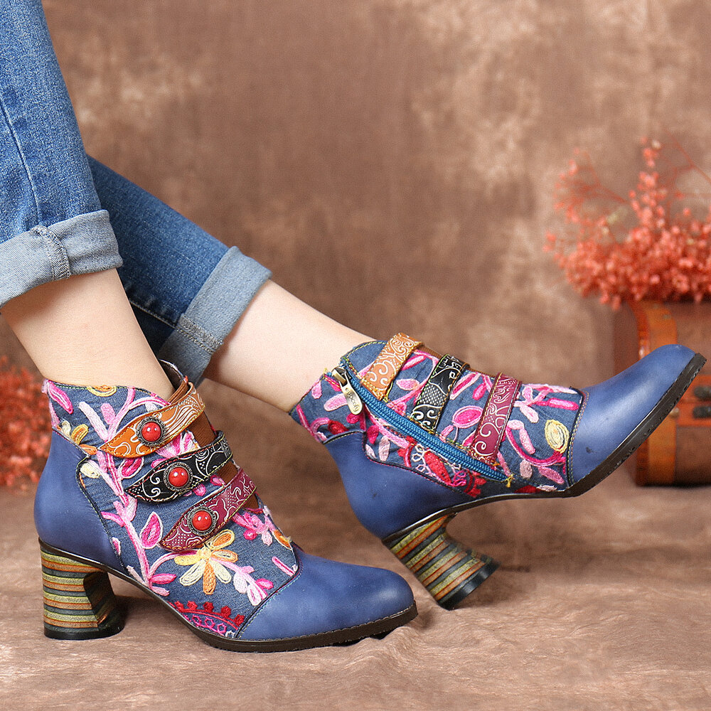 
	SOCOFY Flowers Embroidery Splicing Genuine Leather Wearable Sole Chunky Heel Ankle Boots