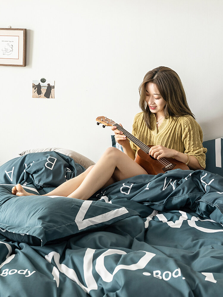 
	3/4 Pcs Letters Print Solid Color Aloe Cotton Comfy Bedding Set Sheet Duvet Cover Pillowcase