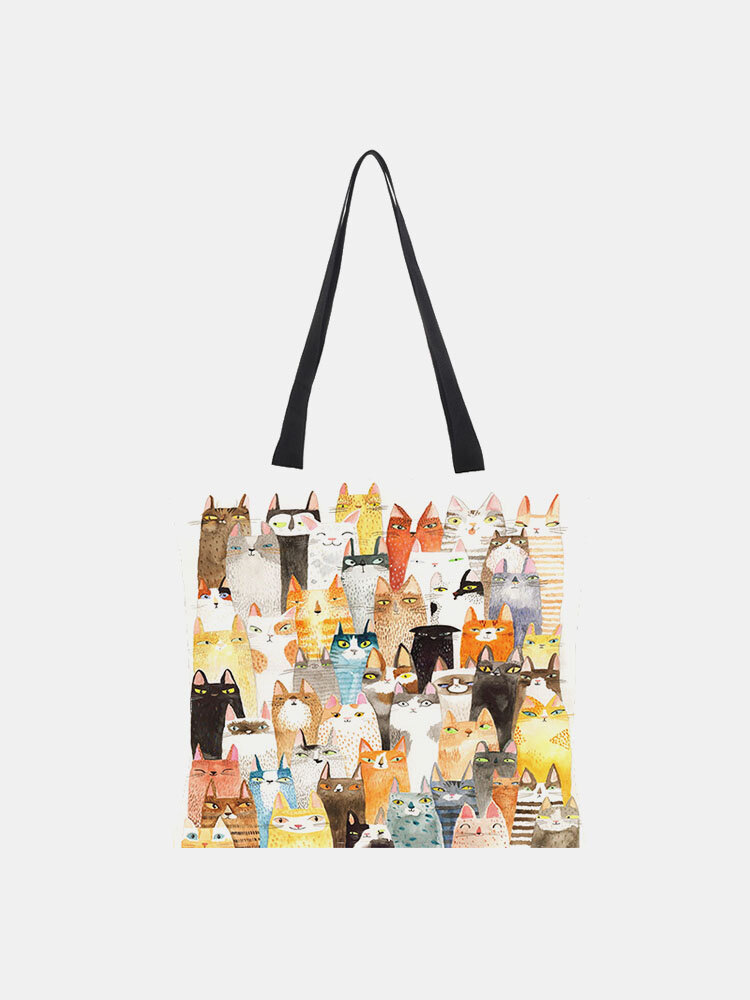 
	Women Cotton Linen Cat Print Handbag Tote
