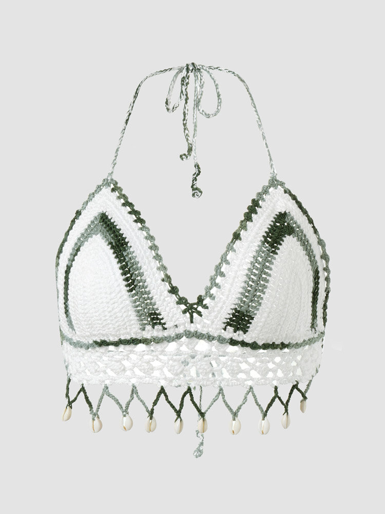
	Knit Crochet Open Back Halter Tassel Bohemian Crop Top