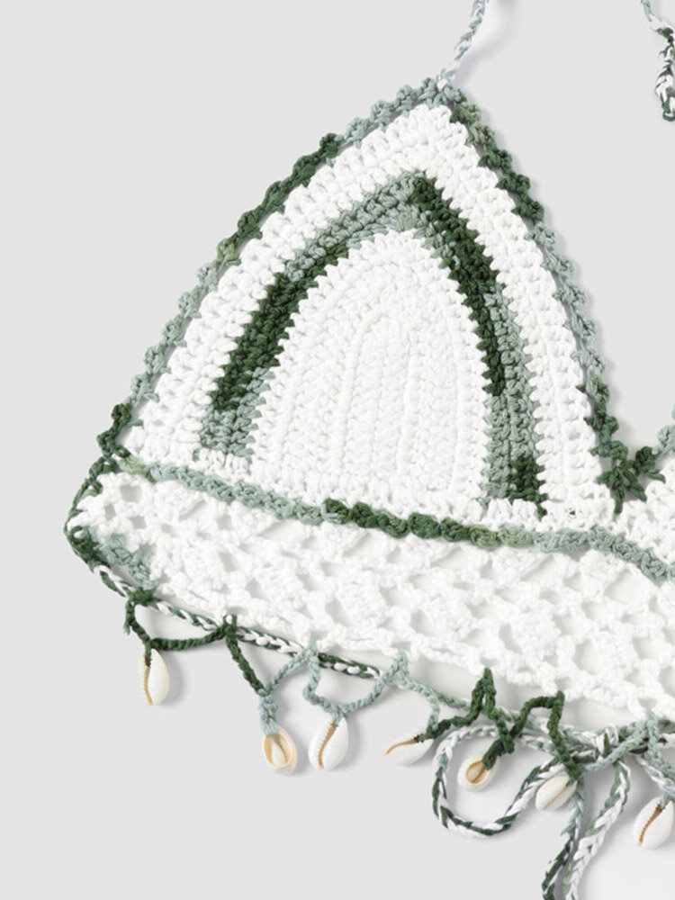 
	Knit Crochet Open Back Halter Tassel Bohemian Crop Top