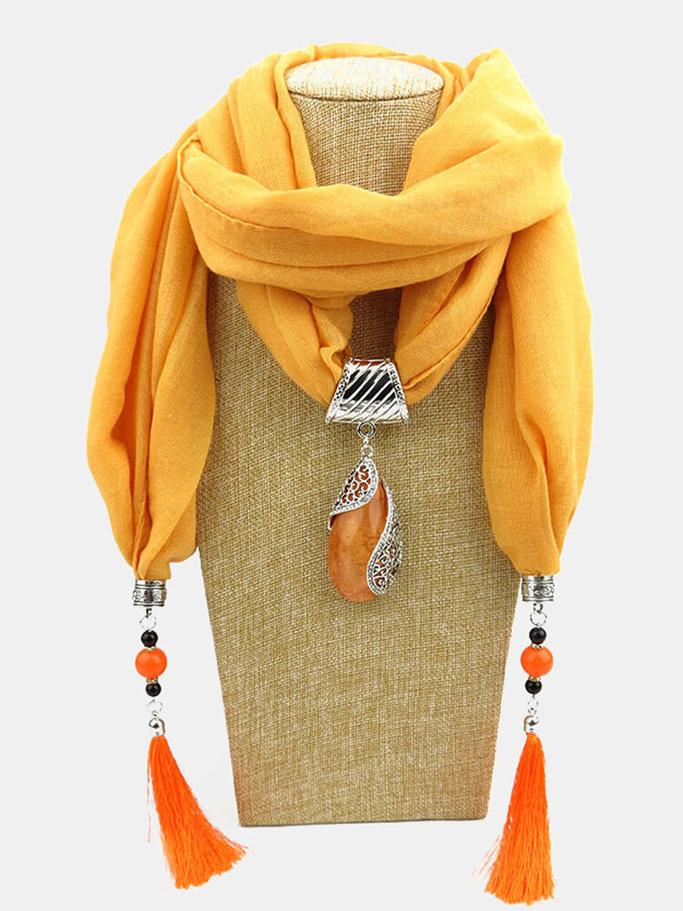
	Bohemian Drop Shape Gem Pendant Scarf Necklace Women Tassel Multi-layer Necklace