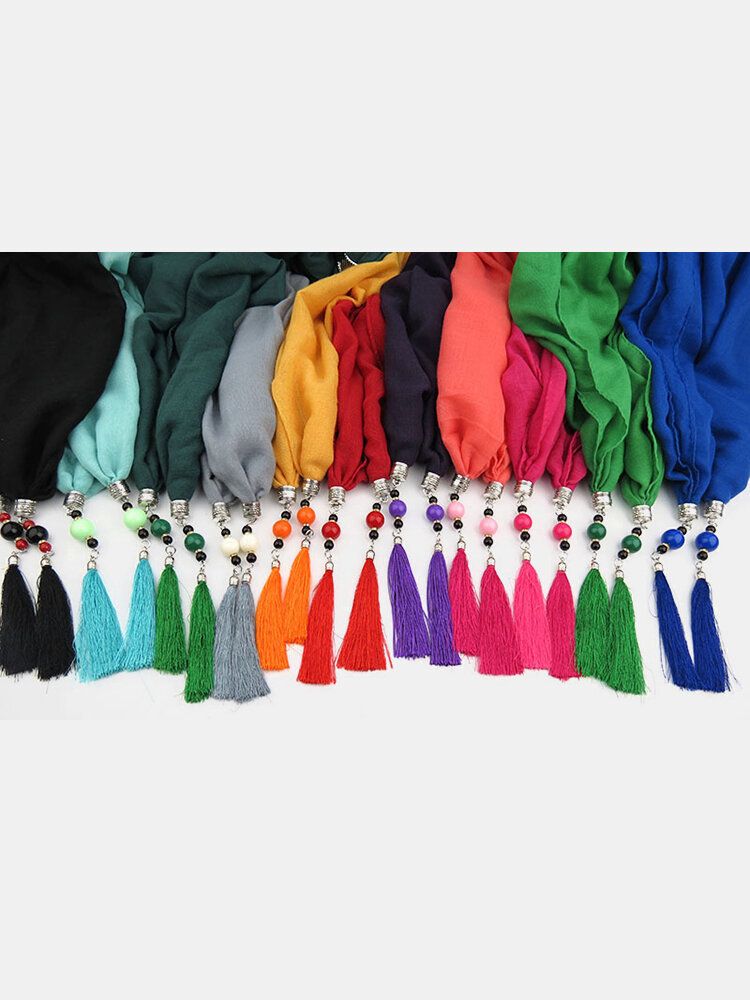 
	Bohemian Drop Shape Gem Pendant Scarf Necklace Women Tassel Multi-layer Necklace