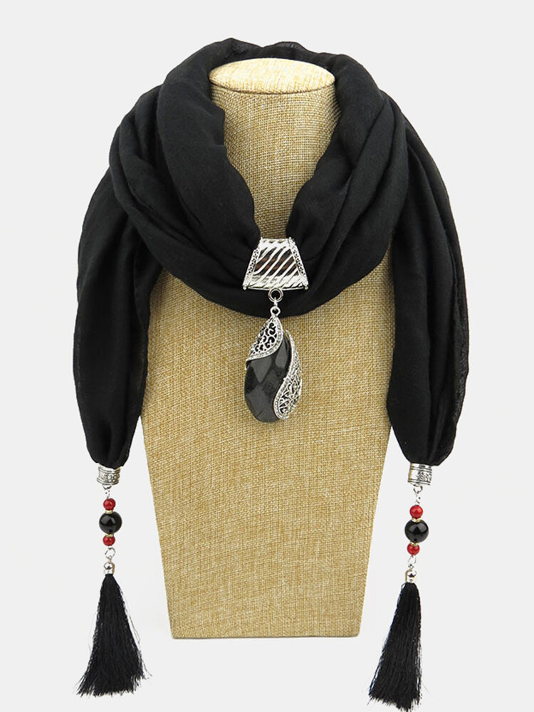 
	Bohemian Drop Shape Gem Pendant Scarf Necklace Women Tassel Multi-layer Necklace