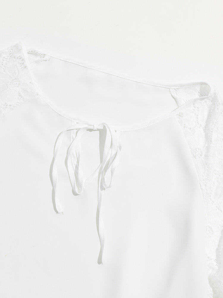 
	Lace Stitch Bell Half Sleeve Tie Crew Neck Blouse