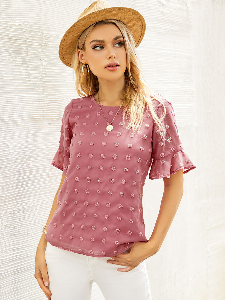 
	Swiss Dot Solid Crew Neck Short Sleeve Blouse For Women